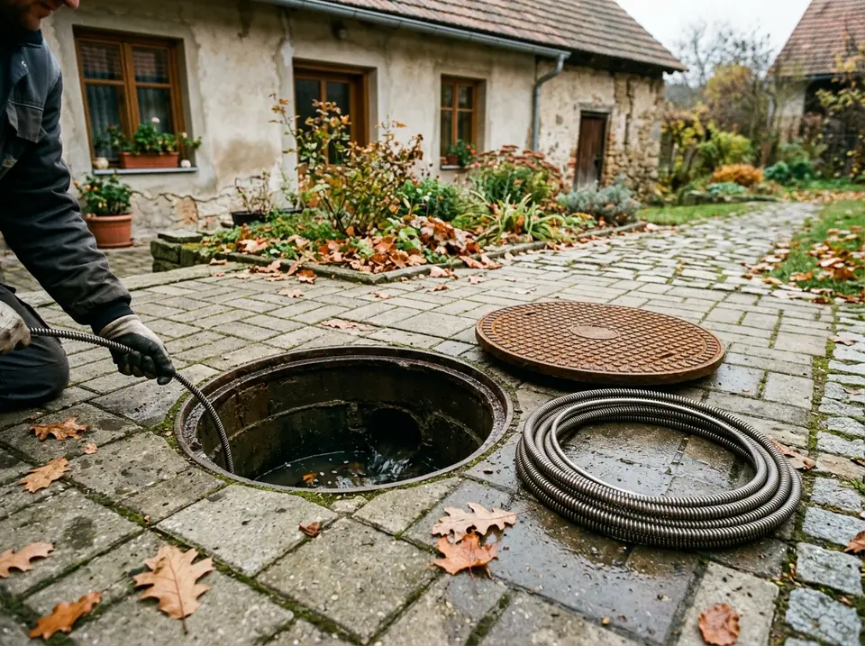 Kinyitott csatornaakna egy családi ház térkövezett udvarán, mellette feltekert spirál