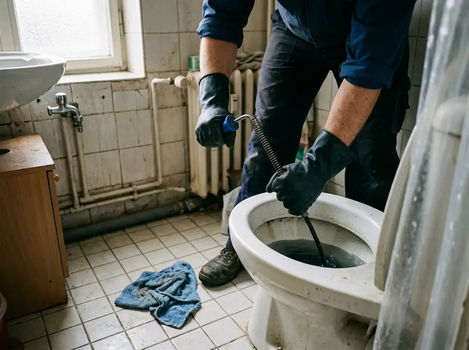 Kézi spirál egy WC-csészében, a padlón összehajtott törölköző